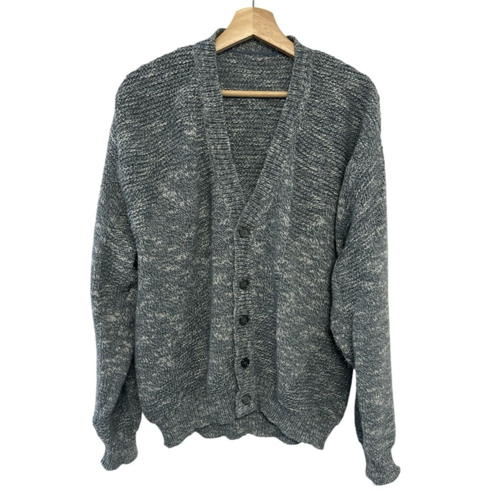 Marbled Gray Front Button Knit Cardigan Cozy Textured Sweater Large XL Preppy